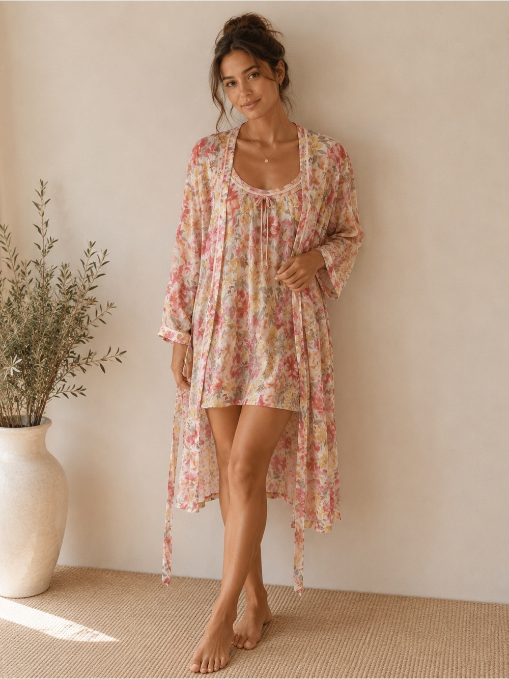 Oscar de la Renta Pink Label Floral Tunic & Robe Lounge Set Cottagecore
